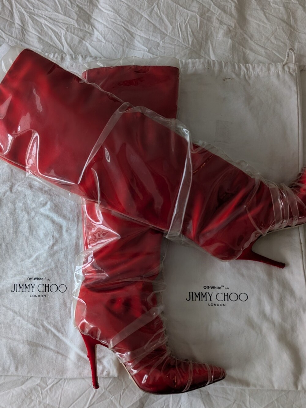 Off-White Jimmy Choo Elisabeth Red PVC Boots 40 Knee High Runway Archival Virgil